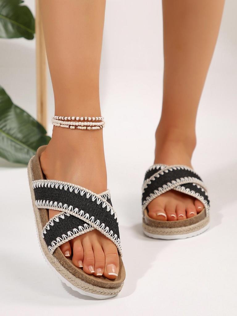 Women's Cross-Strap Thick-Soled Sandals - Summer 2026, Fabric Surface, Flat-Soled Beach Slippers for Outdoor Wear.