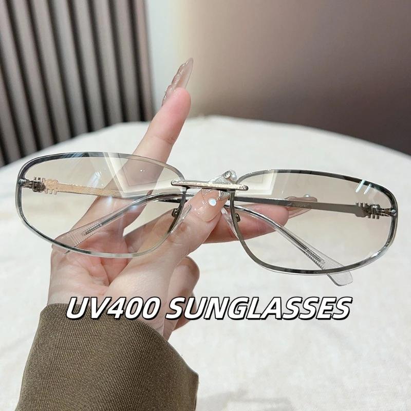 Neutral Fashion Rimless Oval Sunglasses Retro Cat Eye UV400 Sun Glasses for Outdoor Travel Driving Eye Protection