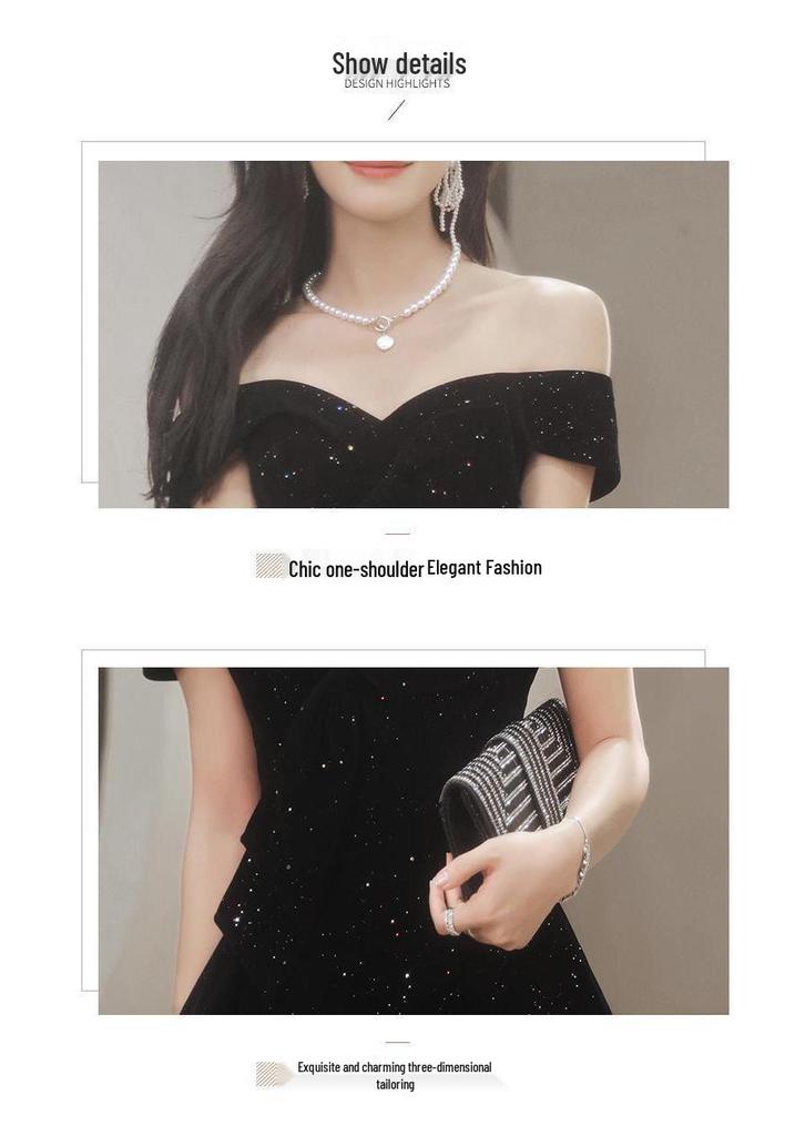 Elegant Women's Black One-Shoulder Evening Gown, Luxurious Banquet or Annual Meeting Dress, Niche High-End Style, Stunningly Beautiful.