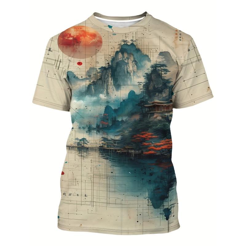 3D Printed Chinese Painting T Shirt For Men Landscape Flowers Pattern Short-Sleeved