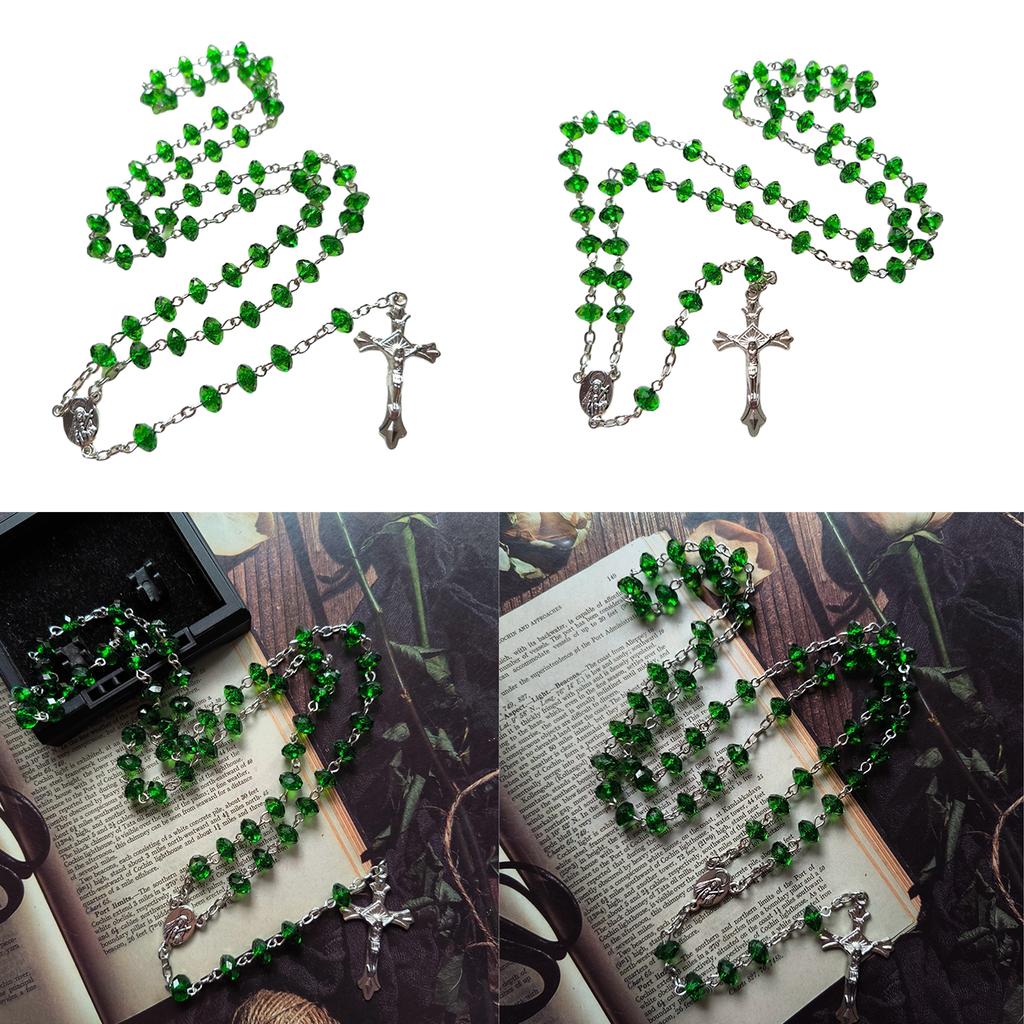 Christian Green Stone Rosary Necklace with Beads Cross Pendant Church Jewelry Sweater Chain Accessory