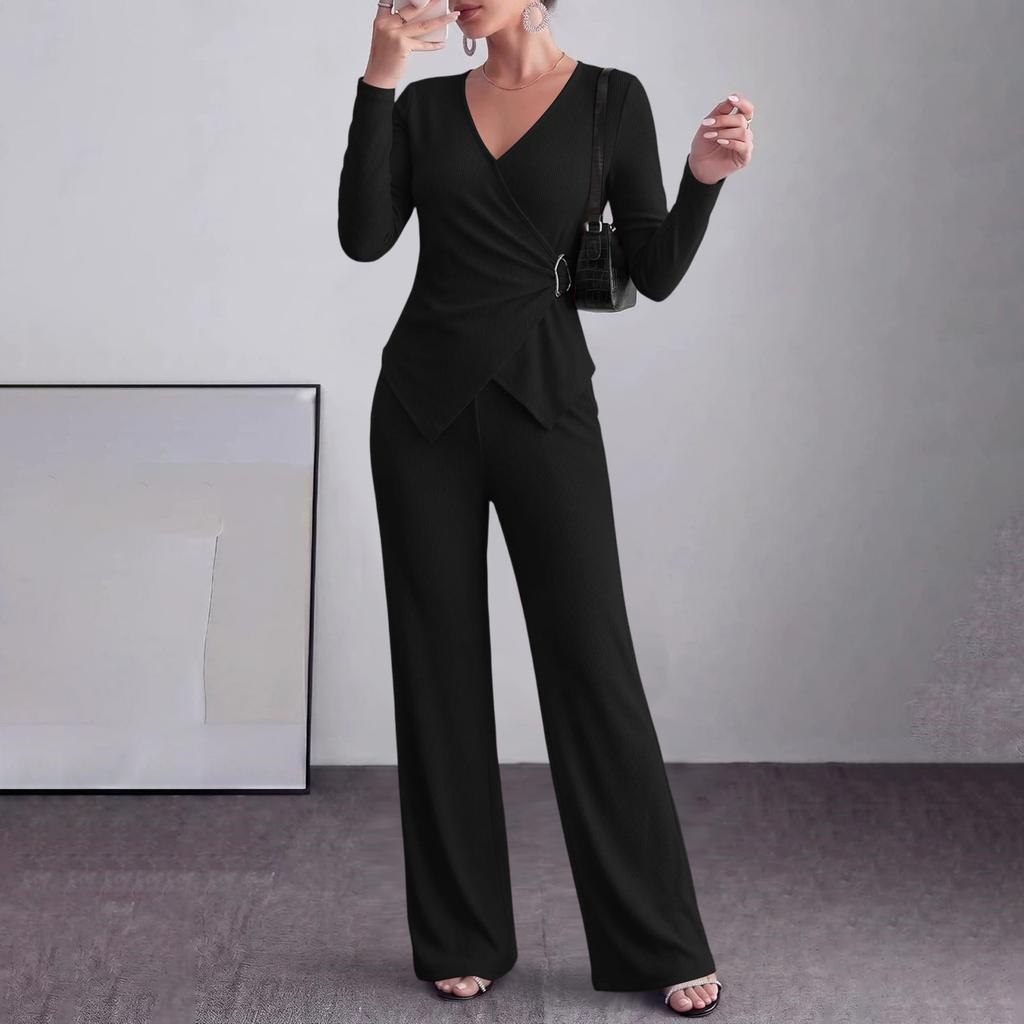 Women's Two Piece Outfit Long Sleeve V-Neck Button Top with Wide Leg Pants and Chest Buttons