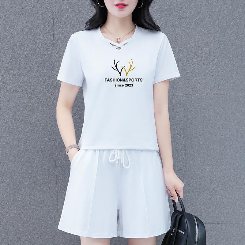 Women's Crew Neck Short Sleeve Letter Print Loose Fit Cotton Tracksuit Short Sleeve Top Elastic Waist Short Pants