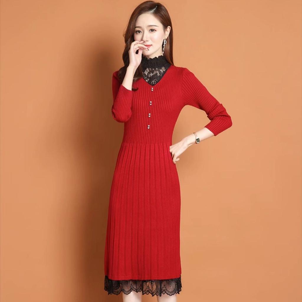 Lace Half Turtleneck Knitted Dress for Women Long-sleeved Solid-color Sweater Dress for Autumn and Winter Casual