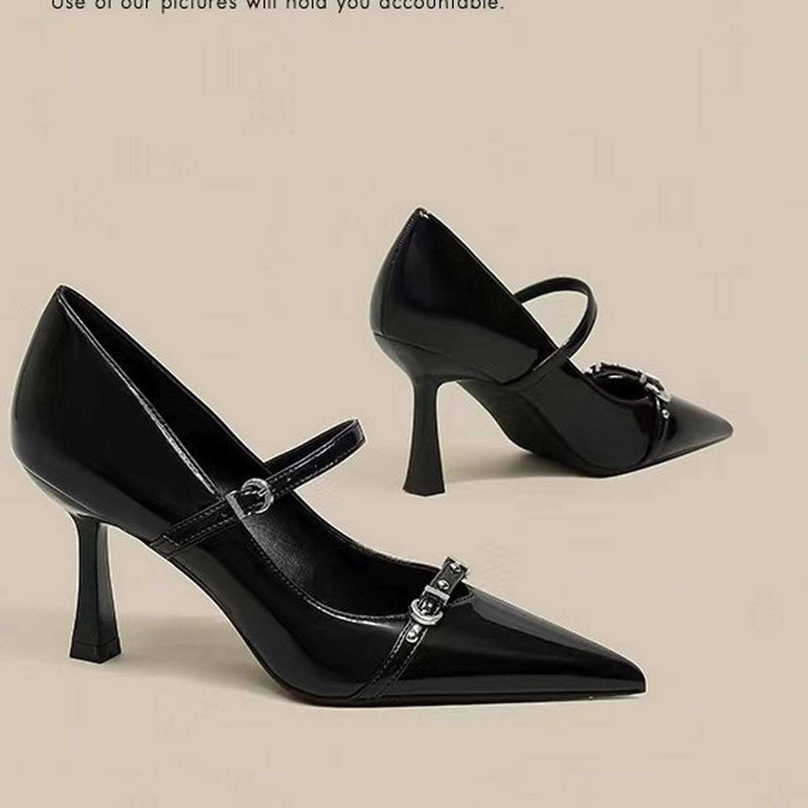 Women s Fall Black Strap Metal Buckle Stilettos 38