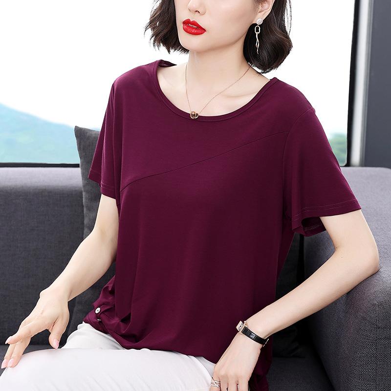 

Лето 2024, новый стиль, свободная футболка большого размера с короткими рукавами, круглый вырез, ледяной шелк, модный темпераментный женский топ для мам среднего возраста L красный