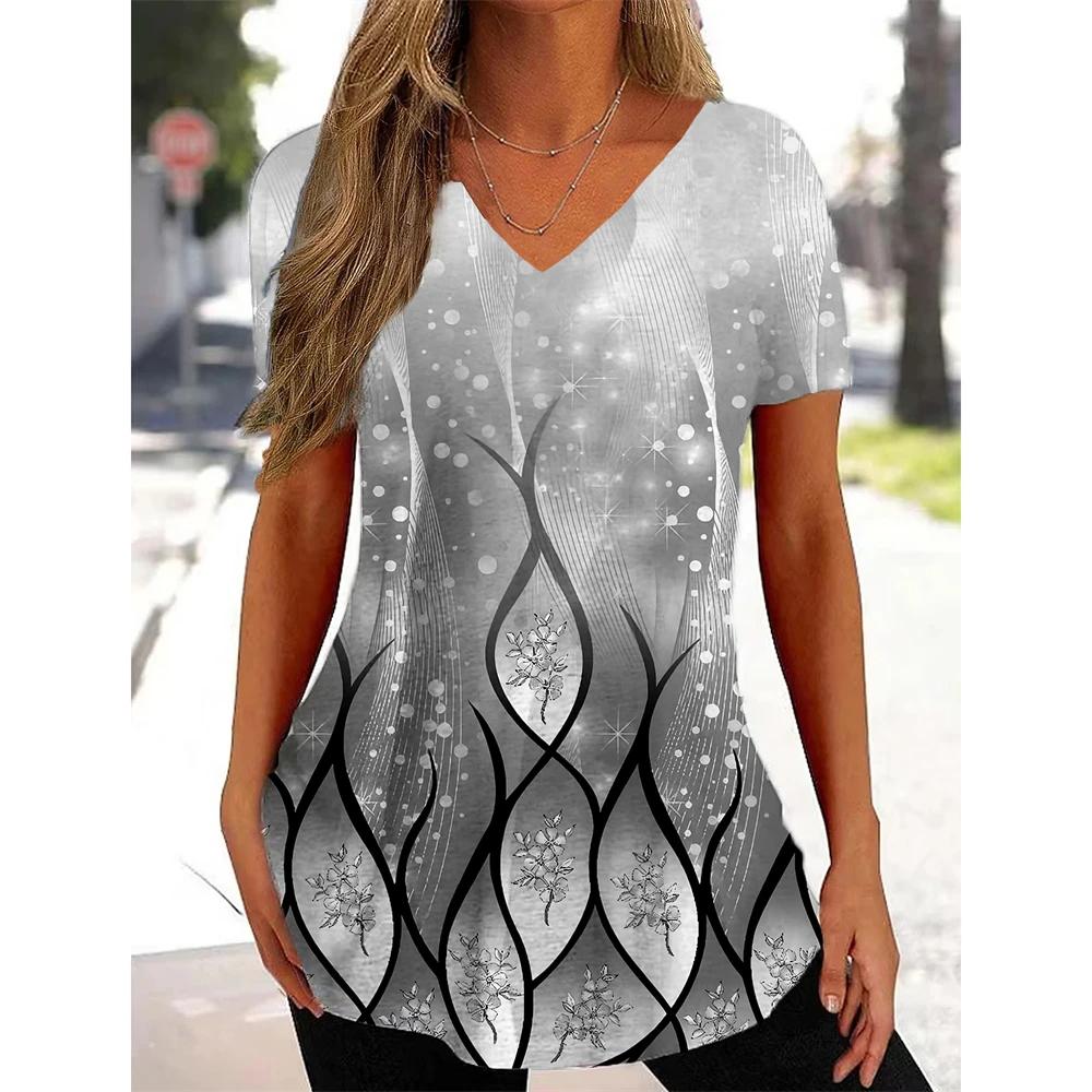Simple Women's Short Sleeve 3D Flower Print Clothes Beautiful V Neck Short Sleeve T-Shirt Trendy Fashion Women's Streetwear