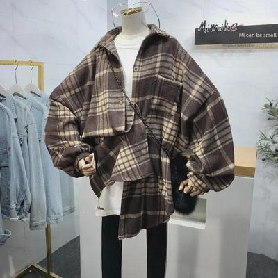 Veste chemise à carreaux style rétro Hong Kong pour femmes, très grande 240 jin, design épais à manches longues pour début d'automne
