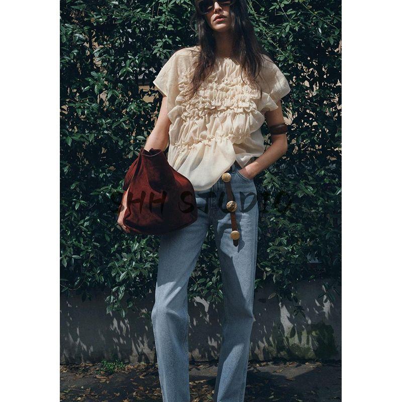 Spring and Summer New Women's Clothing Translucent Fabric round Neck Super Short Sleeve Convex Flower Embroider Tops 4786002