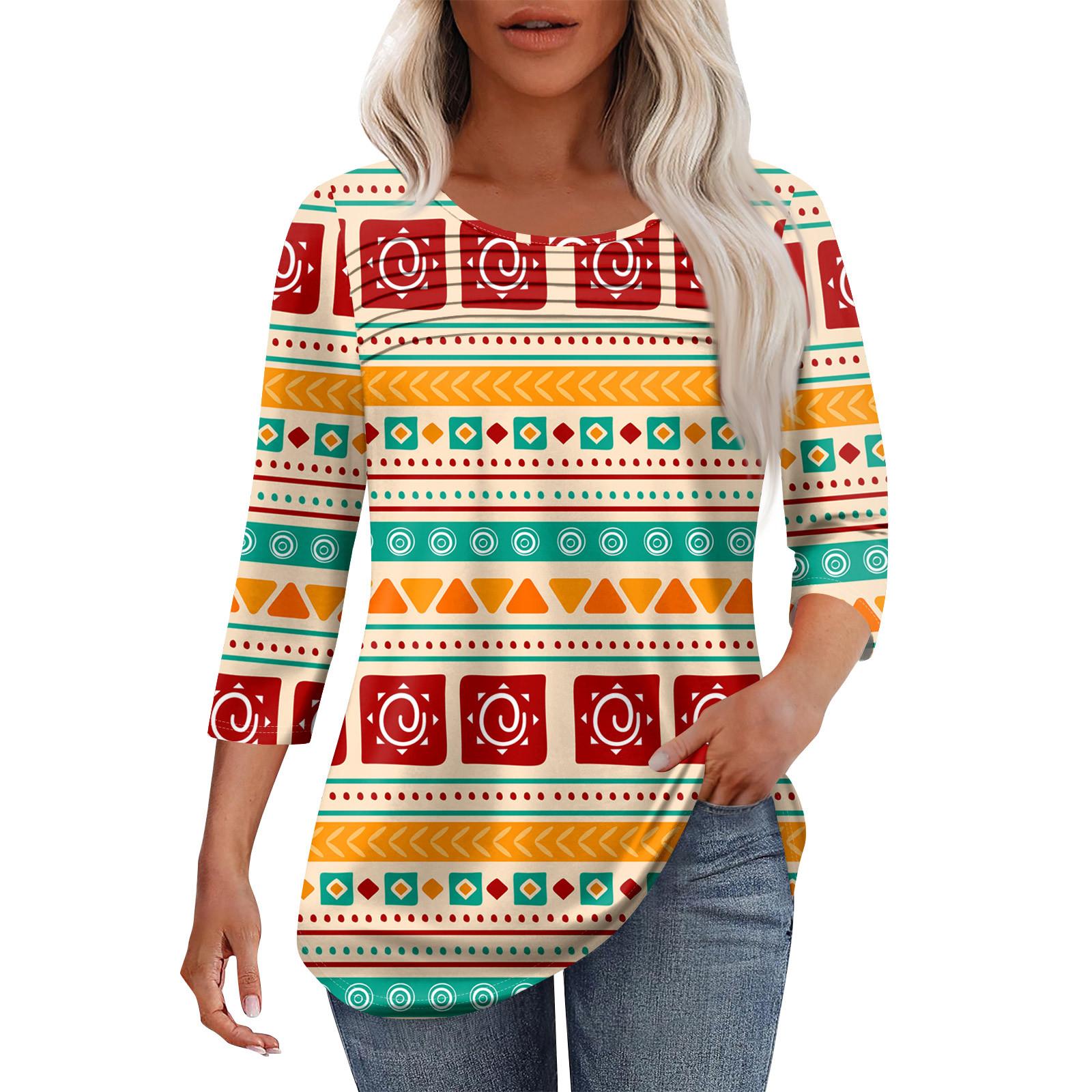 

Женская мода круглый вырез шея плиссированная передняя планка с принтом рукав 3/4 топ XL красный