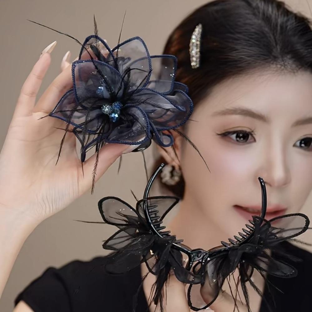 Sheer Tulle Crystal Pendant Spark Crystal Hair Jaw Clip Elegant Tulle Claw Clip Daily Style