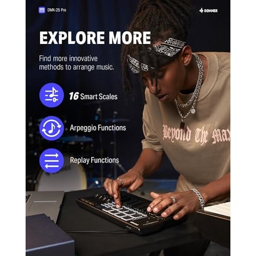 Donner DMK-25 PRO USB MIDI Keyboard Controller, 25 Keys, Velocity Sensitive, Touch Sliders, OLED Screen, Backlit Pads, Music Production, Mac/PC Compat