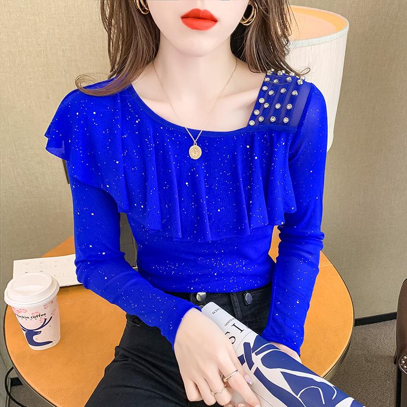 

Summer Femme Clothes Mesh T-Shirt Women Chic Sexy Off Shoulder TShirt Shiny Diamonds Tees Ruffles Patchwork Short Sleeve Top Xl