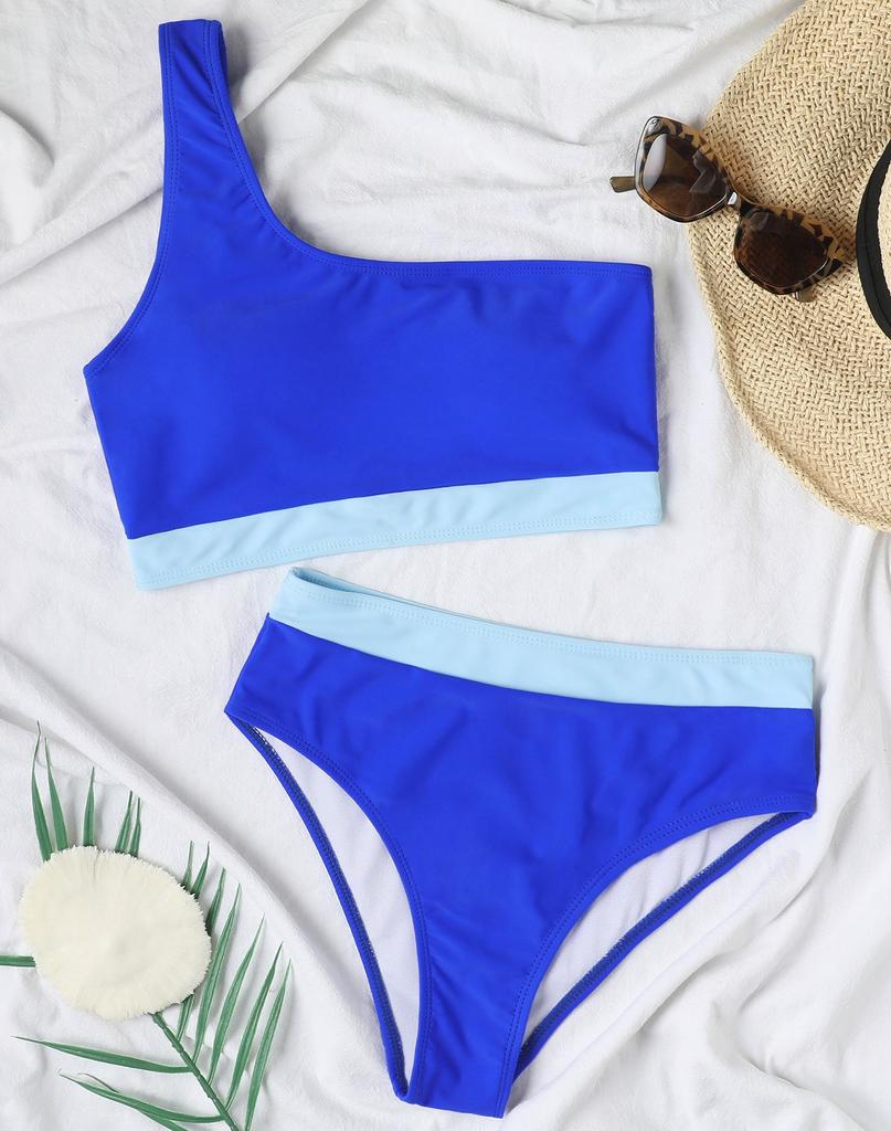Dámské plavky Colorblock na jedno rameno sexy bikini s vysokým pasem na zádech, plavky na pláž
