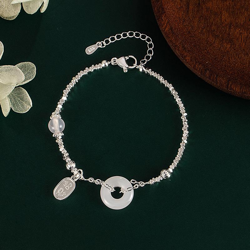 Bracelet Women Give Girlfriends Birthday Gifts, National Style Retro Design Raw Imitation Chalcedony Safety Buckle Broken Silver Niche Jade