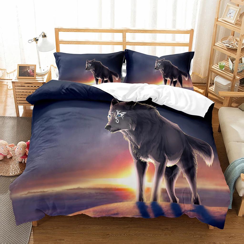 Boys Wolf Duvet Cover Set Queen Size, Boho Wolf Wildlife Forest King Animal Bedding Set Polyester Quilt Cover With Pillowcase