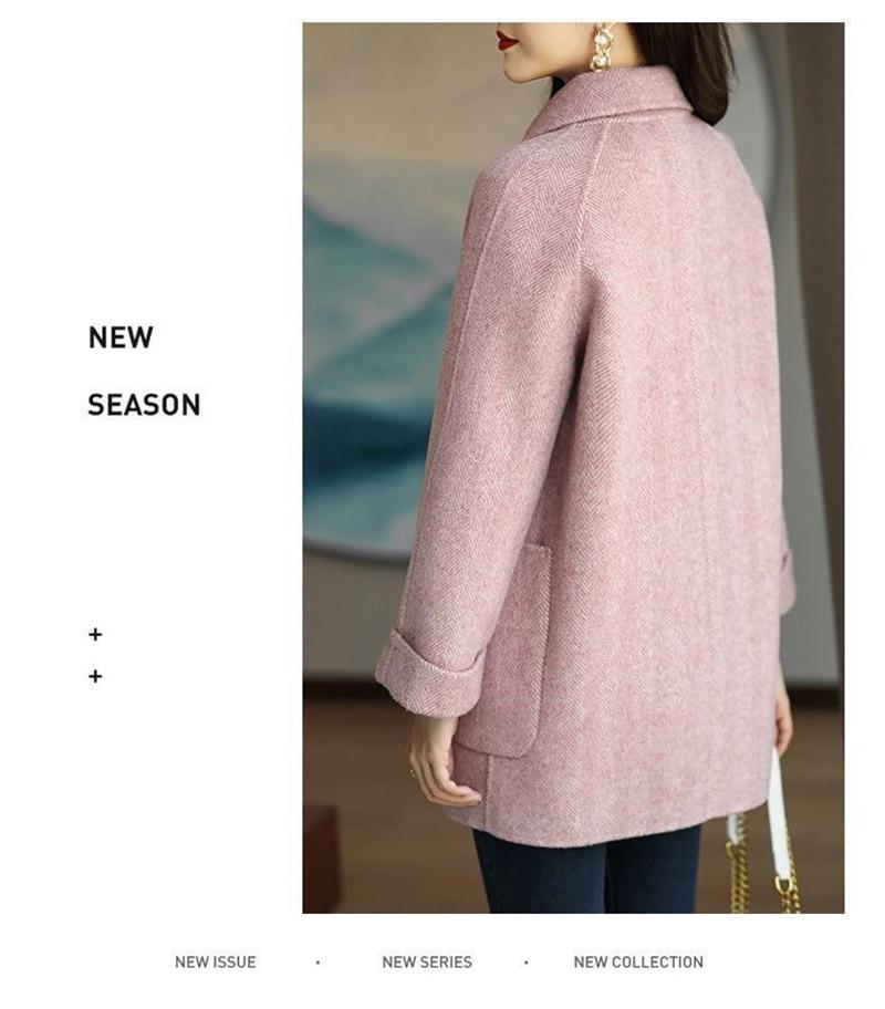 Douyin Autumn/Winter Chic Herringbone Petite Wool Mid-Length Coat for Women