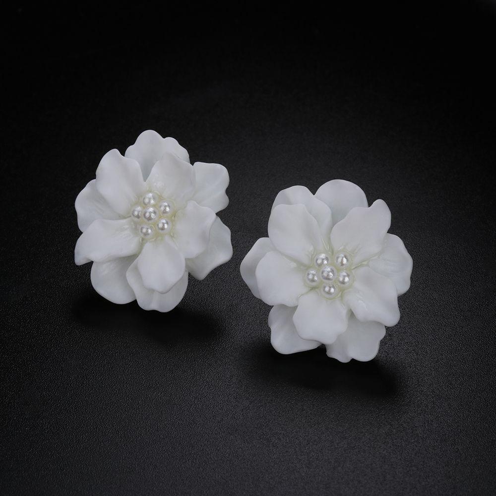 Fashion Women Girl Inlay Beads Simulated Pearl Stud Earrings Big White Flower Camellia