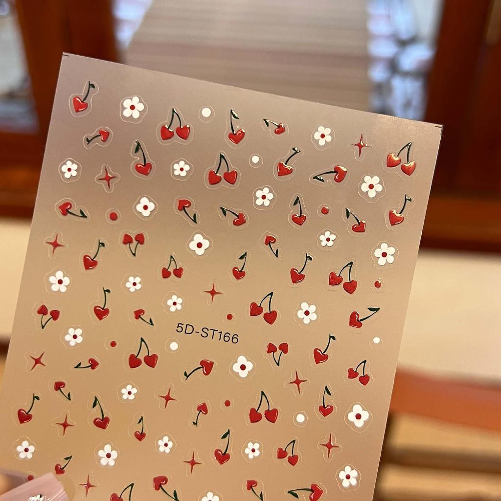 Cherry Heart 5D Embossed 3D Nail Stickers - Sweet & Lovely Xiaohongshu Influencer Design