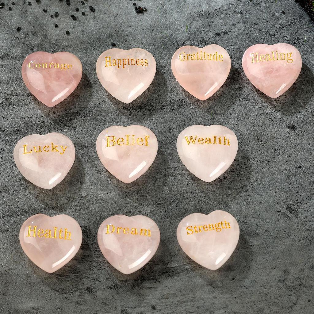 Natural Pink 30mm Heart-Shaped Engraved Crystal Pocket Stone Ornament