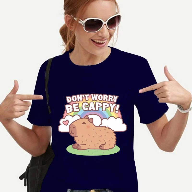 Cartoon NEBOJTE SE, BUĎTE CAPPY! Potisk Capybara Dámské tričko Ležérní Topy s výstřihem do O Volné tričko Harajuku Černá Košile Oblečení