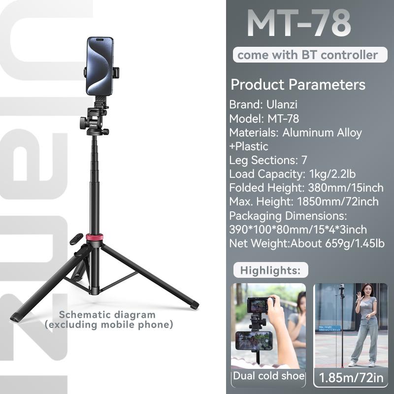 Ulanzi MT-78 Phone Tripod With Bluetooth Remote Controller Double Cold Shoe Quick Disassembly  Gimbal 1/4 Screw For DSLR Camera MT-78 Tripod