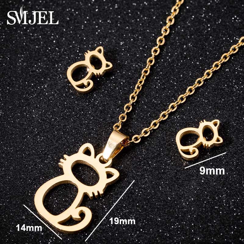 

Lovely Gold Color Kitten Cat Stainless Steel Zircon Set Necklaces Men Collares Fashion Hollow Cat Earring Necklace Paw Zircon