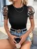 Spring & Autumn Mesh Flower Bubble Sleeve Slim Fit T-Shirt