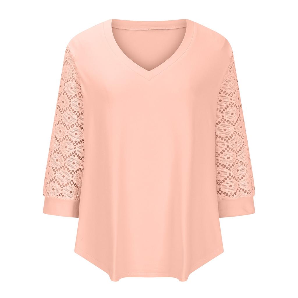 Dámský top 3/4 rukáv V-výstřih Jednobarevný Krajkový patchwork Ležérní halenky