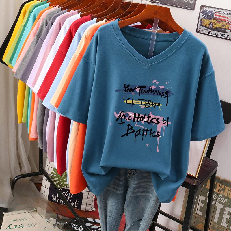 Camiseta de manga curta, Solta, Top V-neck Estampado Emagrecedor para Mulheres