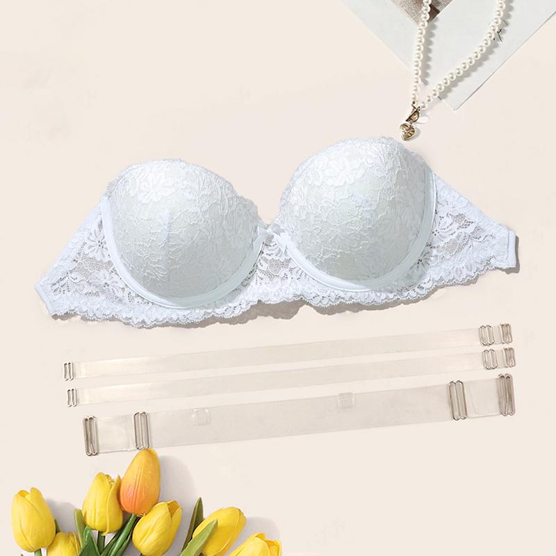 Women Lace Bra Half Cup Demi Bras with Thick Padded Lingerie Strapless Backless Design B Cup Underwear