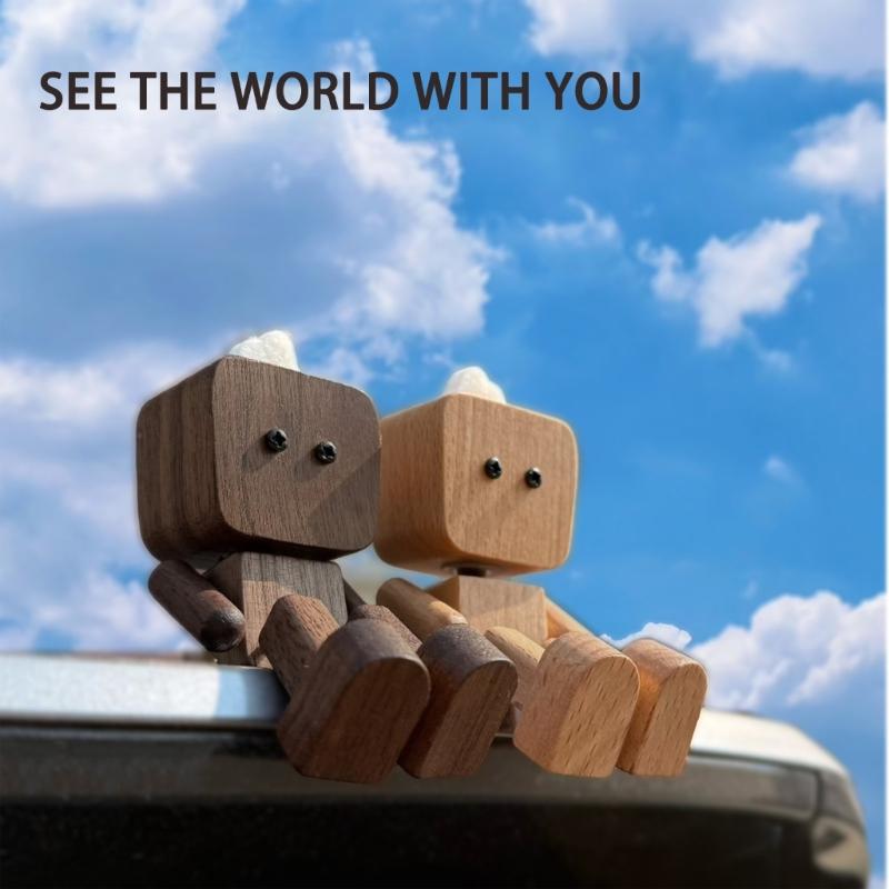 Magnetic Wooden Automotive Sculpture Dancing Robot Figurine For Car Dashboard Handmade Moving Limbs