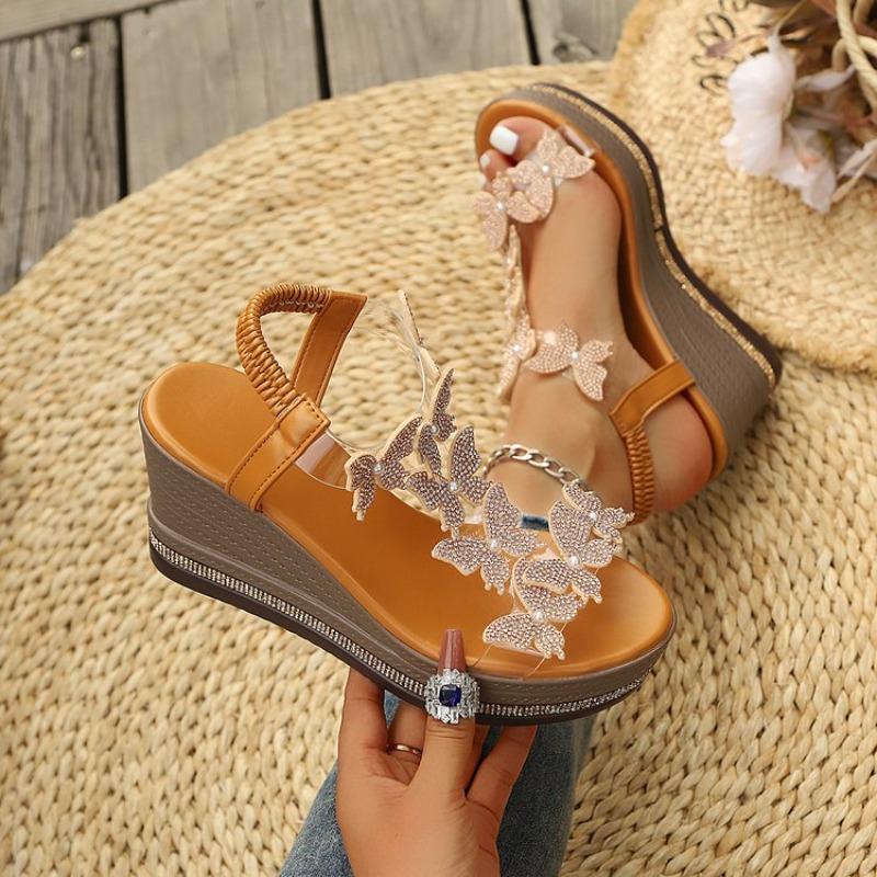 Women's Plus Size Platform Wedge Sandals, Floral Rhinestone Design for Beach Casual Wear