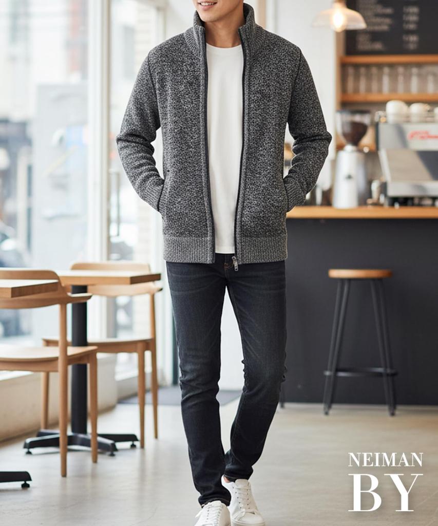 Neiman by Long Sleeve Checked Knit Jacket with Fleece Simple Winter Size M Men's Lining, Zip-Up, Outfit, Black, (5A-N10-BKM)