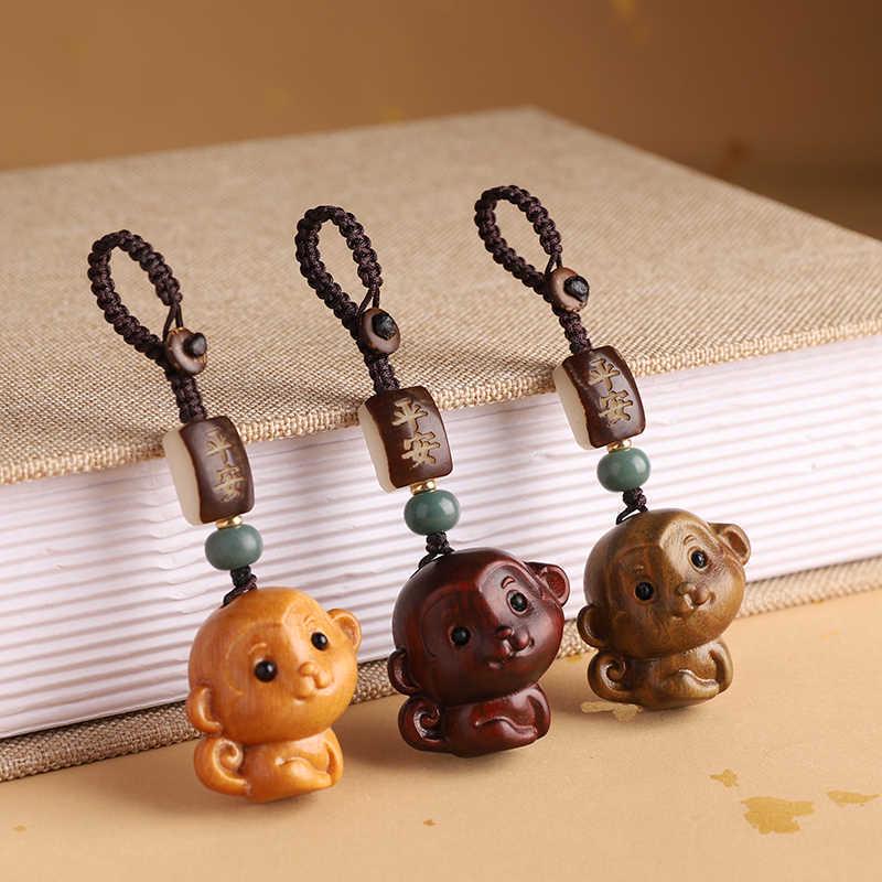 Sandalwood Zodiac Monkey Keychain Pendant: Retro Car Ornament for Men & Women