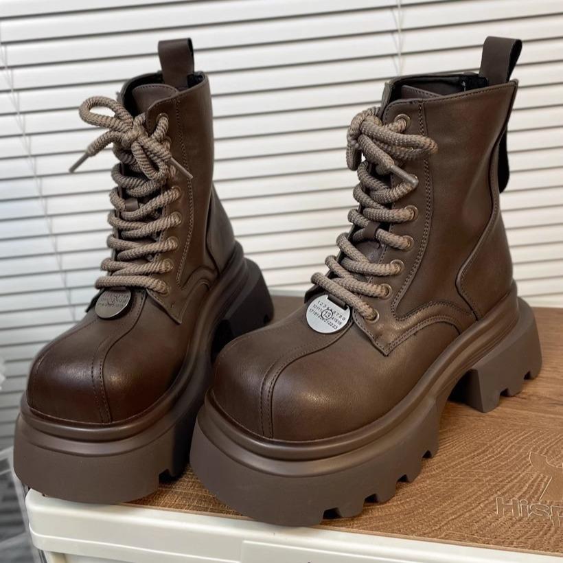 Ghete Martin europene respirabile, celebritate pe internet, pentru femei, toamna 2025, noi, Spice Girl, vârf pătrat, cap mare, cu șireturi, talpă groasă, cu toc înalt, ghete scurte