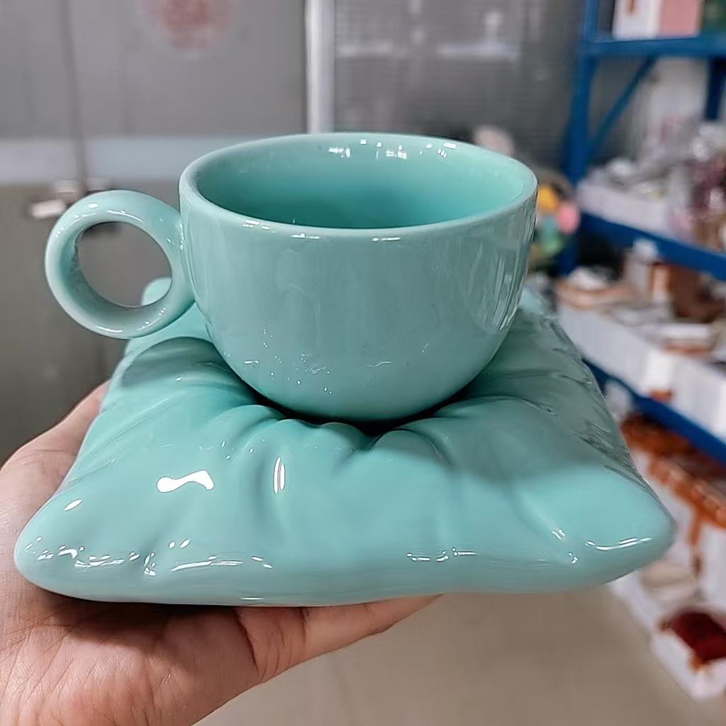 Japanese Hand Painted The Blue Sky and White Clouds Coffee Cup with Saucer Ceramic Handmade Tea Cup Saucer Set Cute Gift for Her