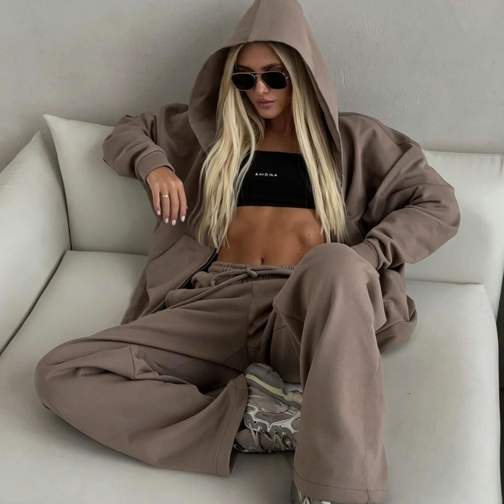Women's new zipper hooded sports cardigan lace-up trousers two-piece casual suit