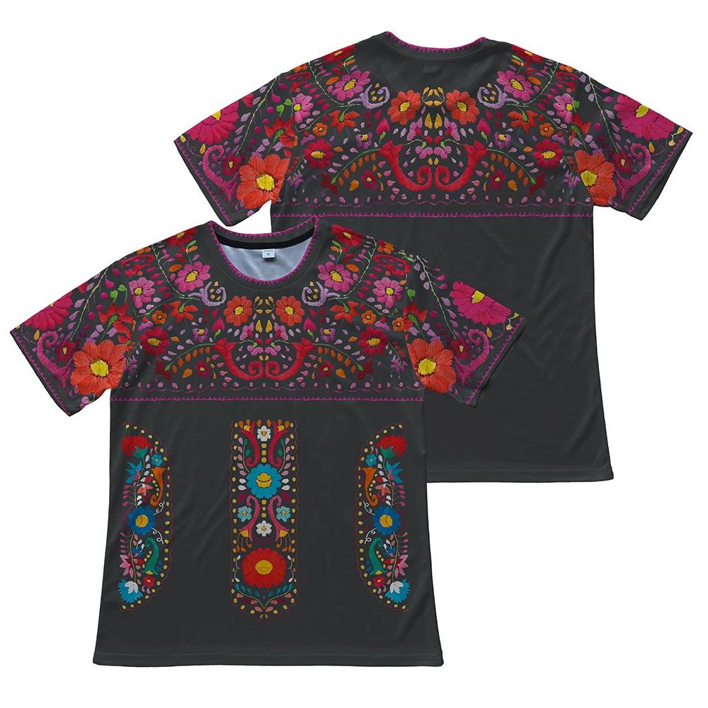 Women's Ethnic Floral Embroidered Style Short Sleeve T-shirts Summer Round Neck 3D Print Tops Fashionable Casual Tops