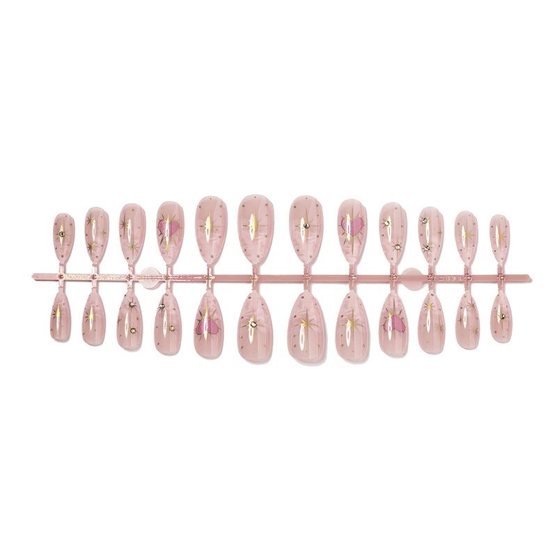 24Pcs White French Smudge Almond Press On Nails Y2K Gold Star Pink Heart Glossy False Nails