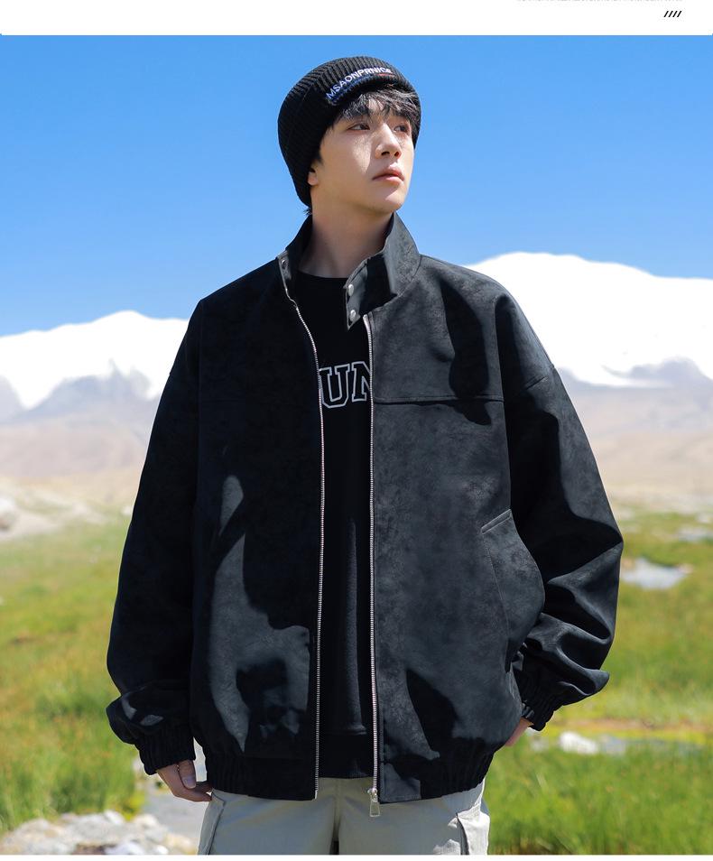 Men's Suede Jacket with Fleece, Thickened Stand-Up Collar - Trendy Warm Autumn/Winter Casual Jacket for Young Men