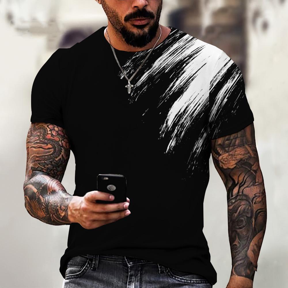 Summer Round Neck Abstract Brush Stroke 3D Print Top Fashionable Casual Short Sleeved Men's T-shirts