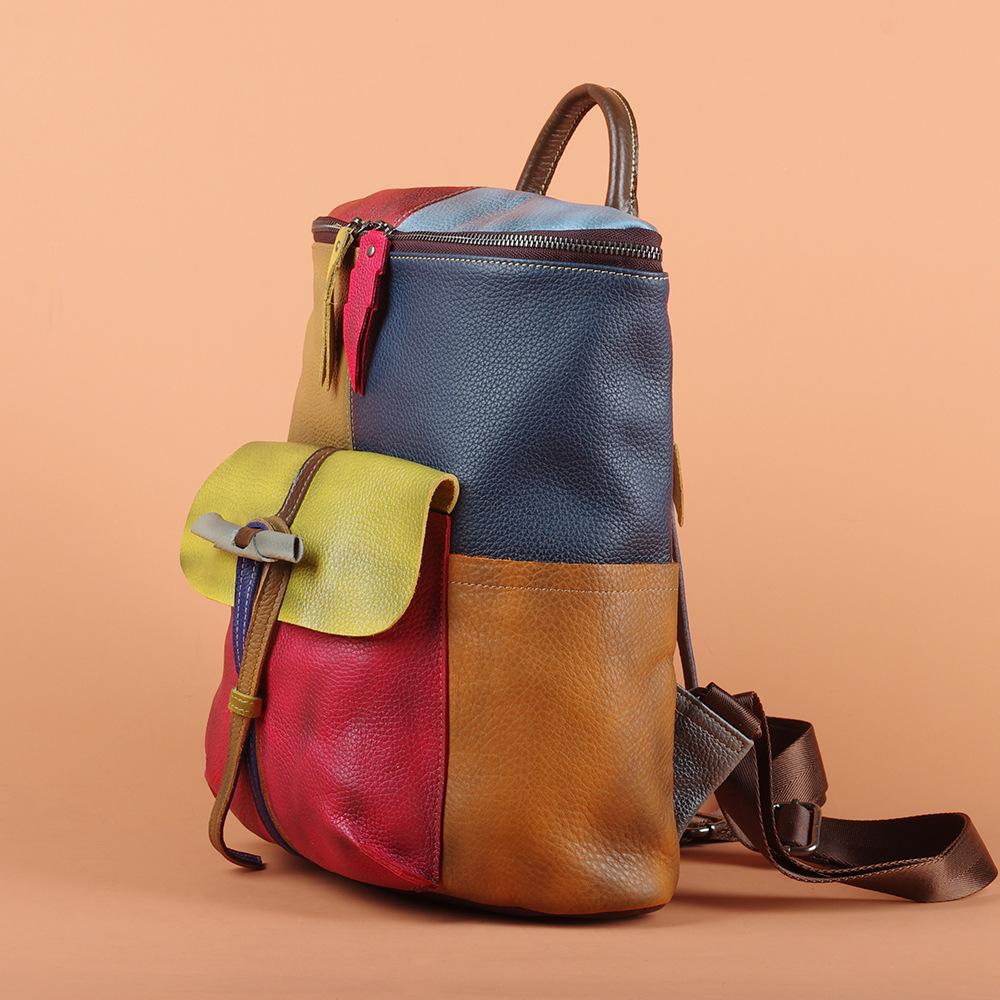 Retro Genuine Leather Colored Polished Old Cowhide Backpack Bucket Bag Casual Women'S Backpack