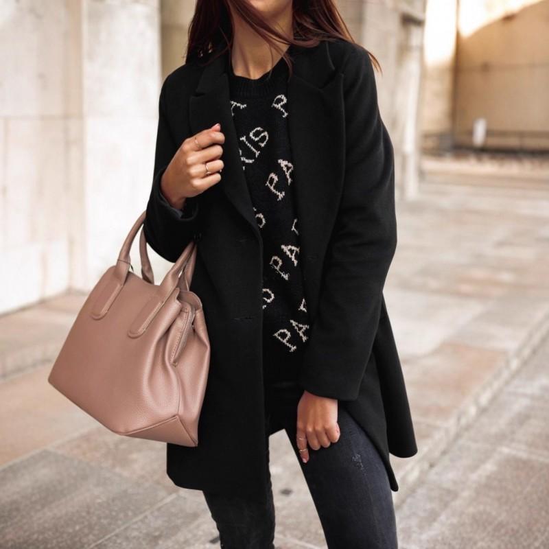 Womens Solid Color Long Sleeve Double-Breasted Wool Blend Coat With Notched Lapel Slim Fit Mid-Length Winter Outerwear
