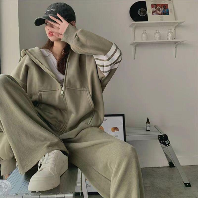 Women's Casual Korean Style Hoodie & Wide-Leg Pants Set - Slimming & Trendy for Autumn/Spring