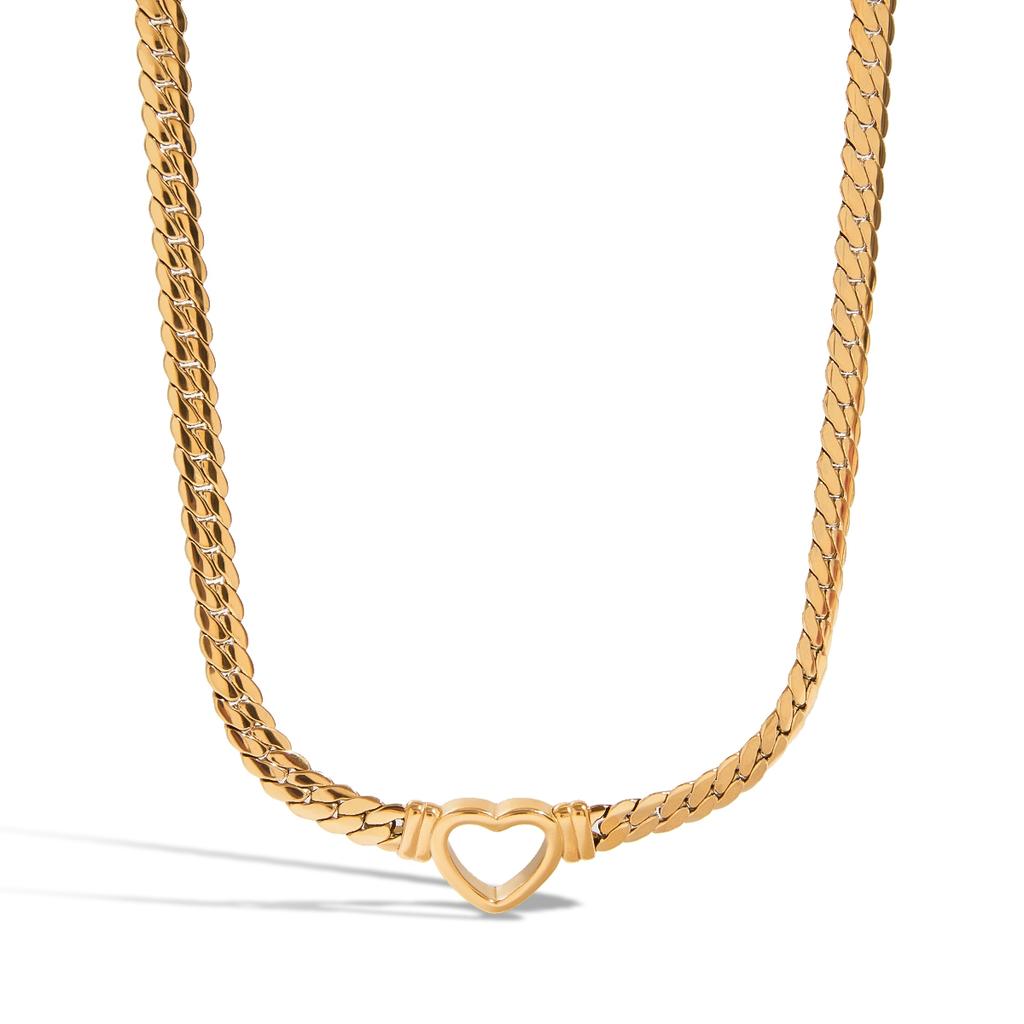 Yori 14K Gold Hollow Heart Flat Snake Chain Necklace Vintage Stainless Steel Elegance Jewelry Gift for Women