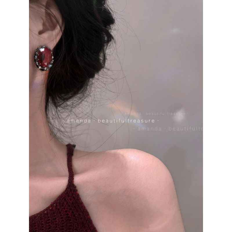 Ankela Red ~ Retro Hong Kong Style Wine Red Elegant Fancy Oval Earrings Fashion Trendy Gemstone Earrings Earrings Default