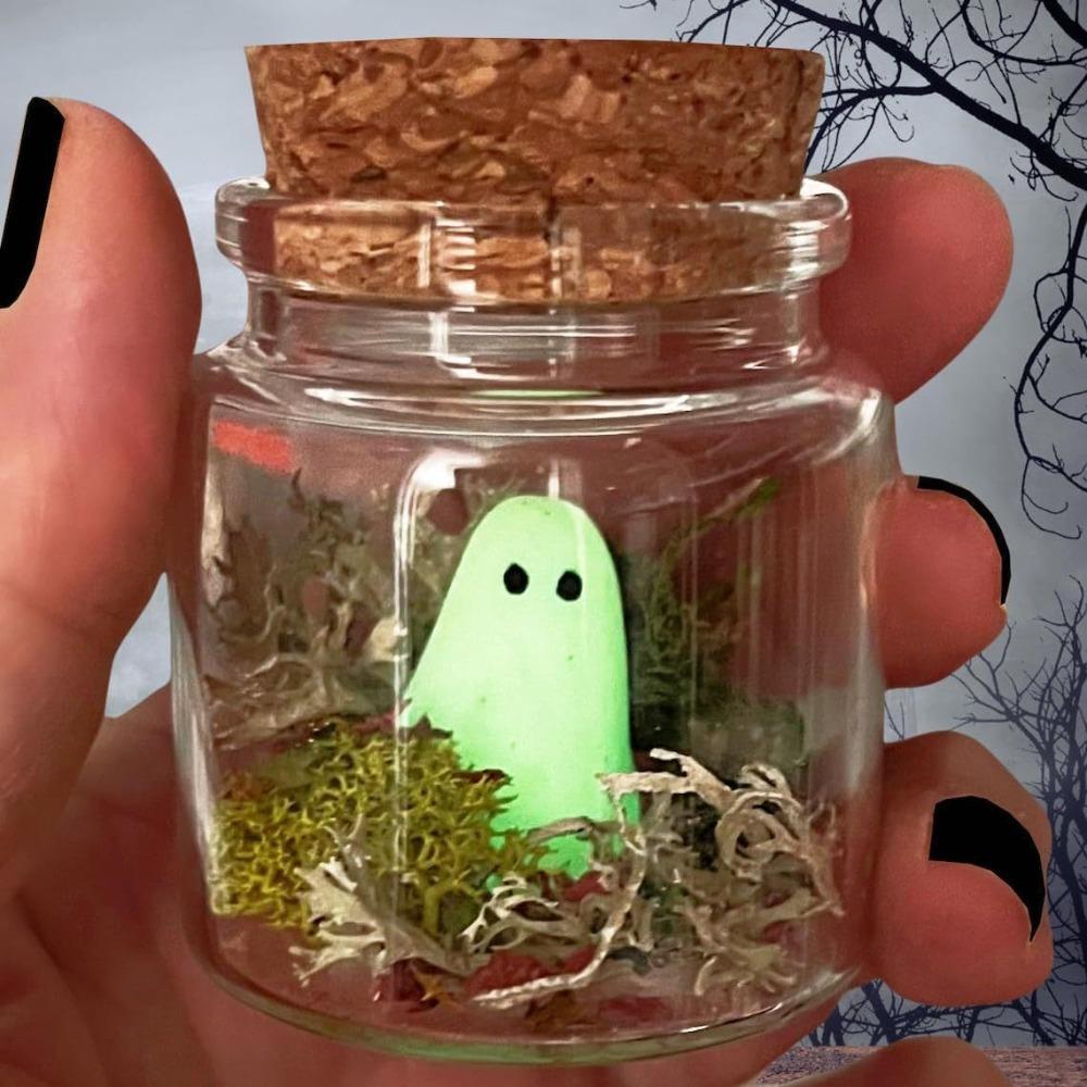 

With Moss Mini Pet Ghosts In A Jar Glass Dome Decor Halloween Glow Little Ghost for Halloween