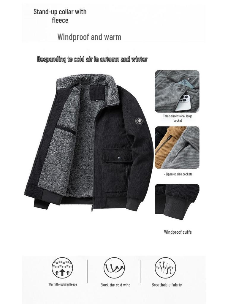 Men's Retro Corduroy Lambswool Jacket - Winter Warm Stand Collar, Mid-weight, Casual Style