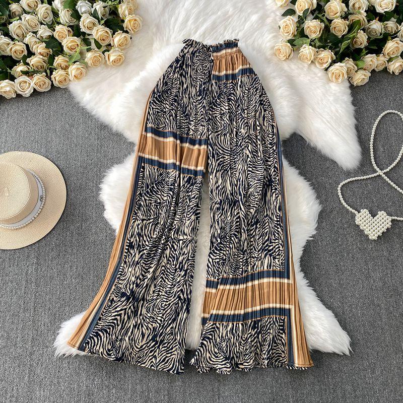 

European and American Gyaru Leopard Print Flared Wide-Leg Pants Women 2025 Summer New Casual High Waist Slimming Drape Pleated Trousers Blue Brown All yards